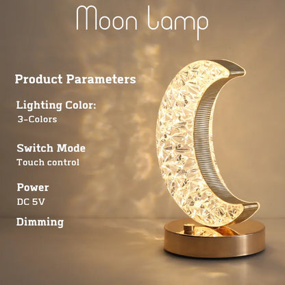 Bedroom Crystal Touch Dimming Night Light Girls Room Home Decor Aesthetics USB Bedside LED Ambient Table 3D Moon Lamp