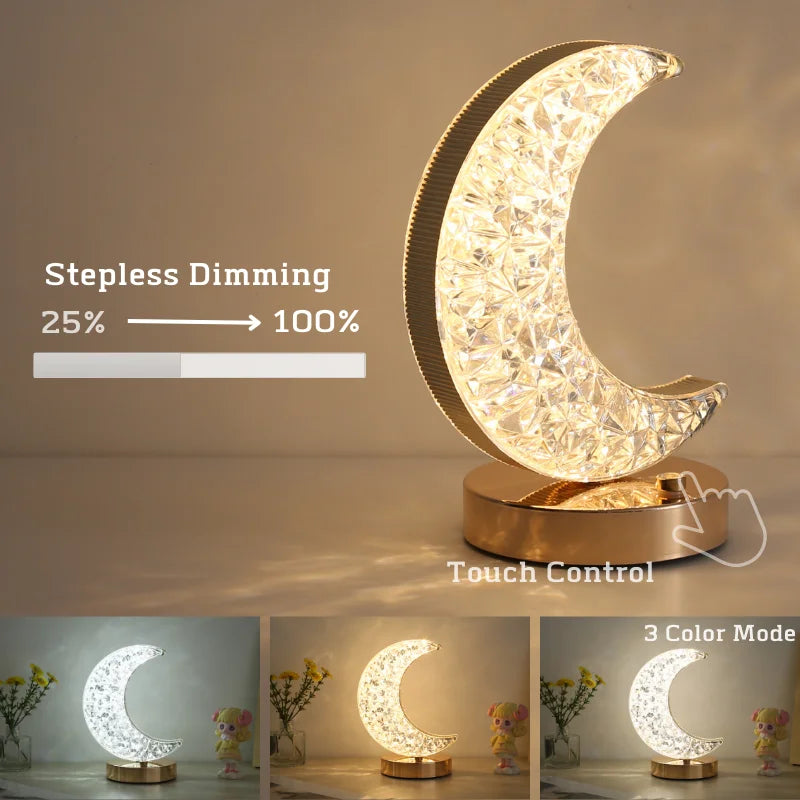 Bedroom Crystal Touch Dimming Night Light Girls Room Home Decor Aesthetics USB Bedside LED Ambient Table 3D Moon Lamp